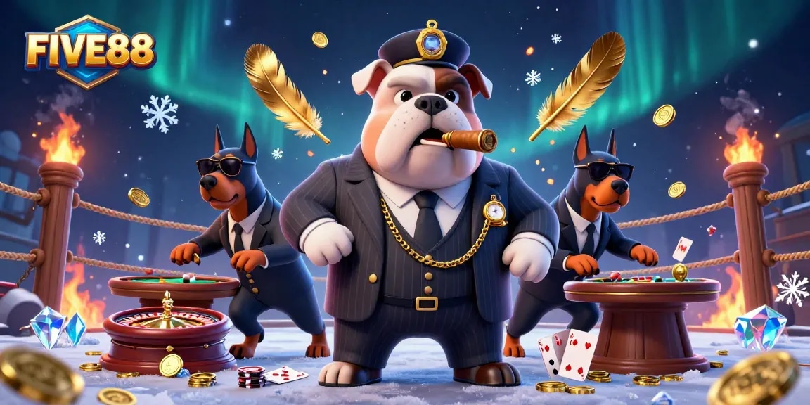 Experience thrilling gameplay at FIVE88 with a cartoon mafia bulldog and Doberman bodyguards in a vibrant casino scene.
