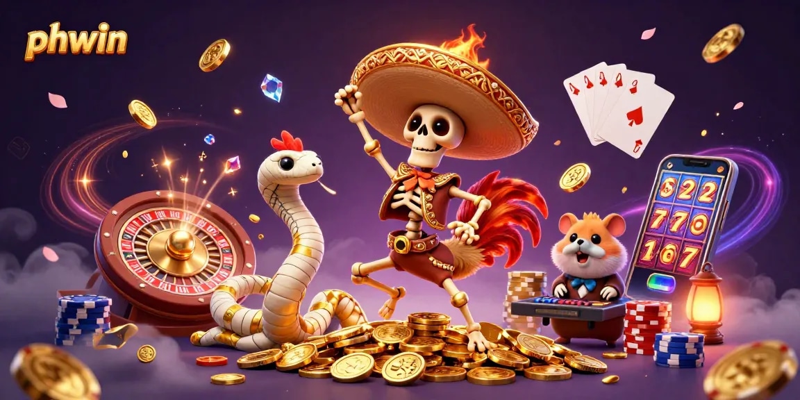 Experience exhilarating wins with phwin as the mariachi rooster celebrates atop golden coins in this vibrant illustration.