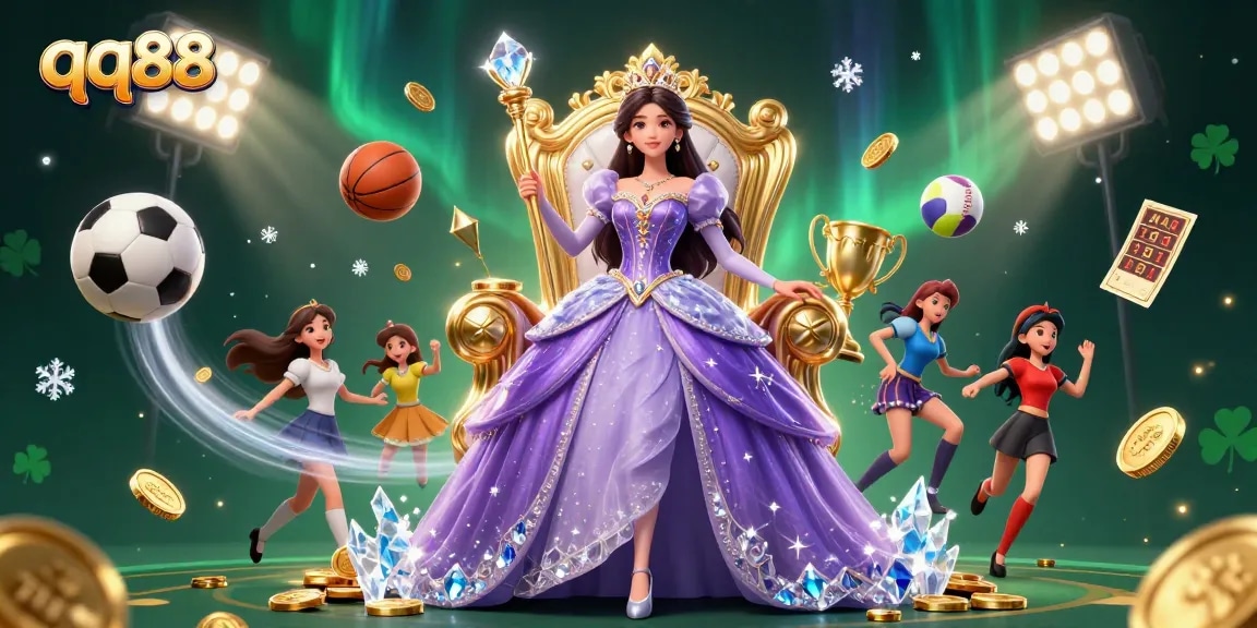 Bet on qq88 with a stunning Asian princess in a vibrant casino scene filled with sports excitement and royal elegance.