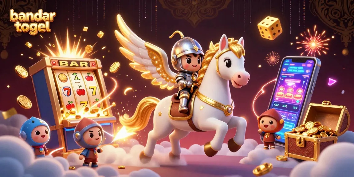 Experience excitement with bandar togel as a cartoon knight rides a celestial horse amid jackpots and treasures