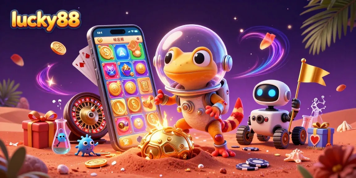 Experience the thrill of lucky88 with a Martian gecko uncovering a golden casino in a vibrant, 3D digital scene.