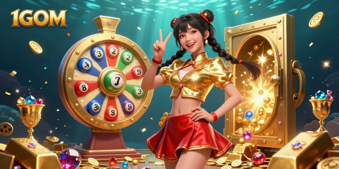 Engage in thrilling 1GOM gaming with vibrant lottery balls, confetti, and treasure in a fun casino environment.