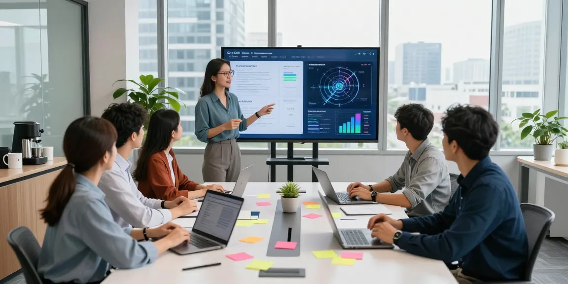 Team discussing What are the Benefits of AI strategies in a modern office setting with technology and teamwork.