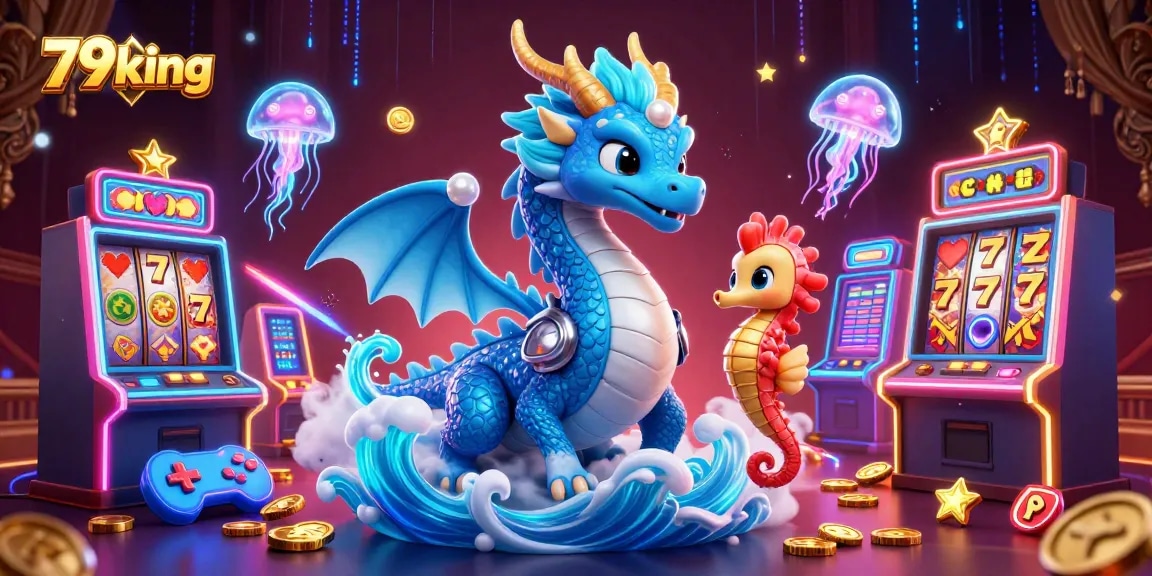 Engage with 79king's thrilling casino atmosphere featuring a vibrant water dragon amidst colorful slot machines.