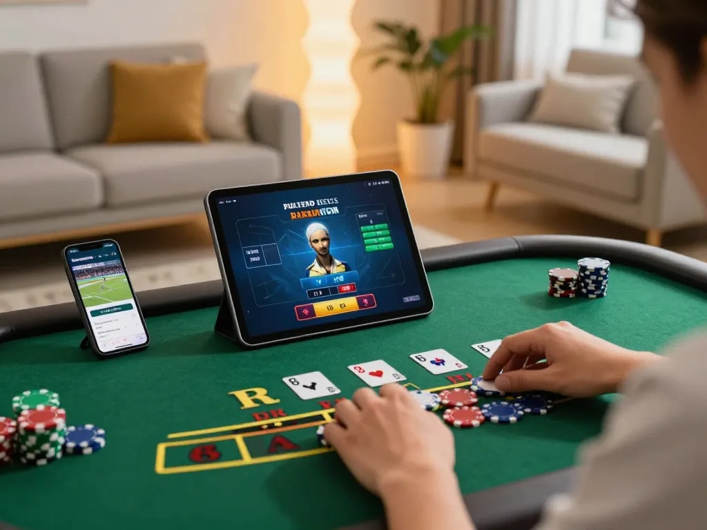 Engaging session of 79king live blackjack on a tablet in a cozy home setting, showcasing strategic gameplay.