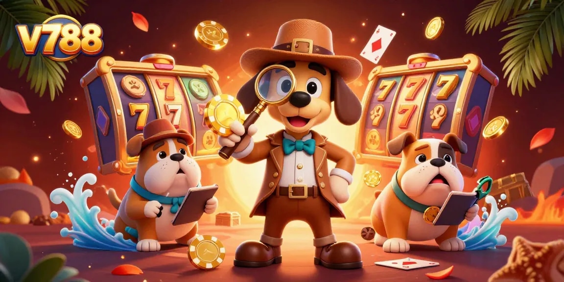 Spin to win big with V788 as the detective uncovers hidden treasures in this vibrant casino scene.