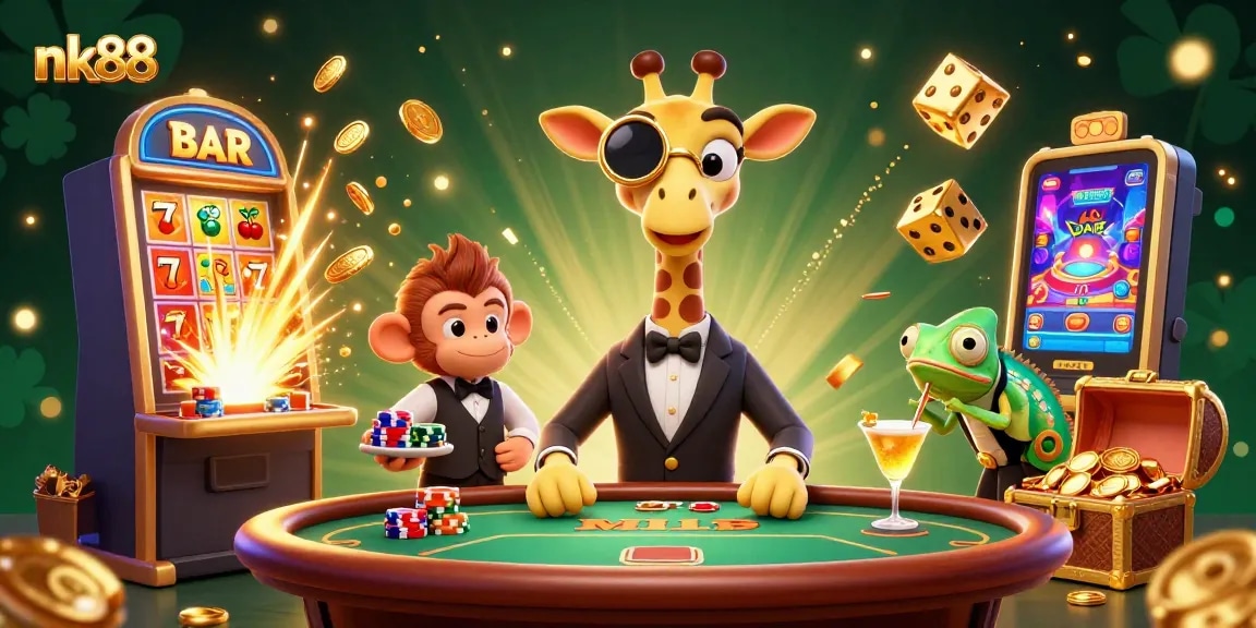 Experience the thrill of nk88 gaming with vibrant 3D characters in a lively casino scene.