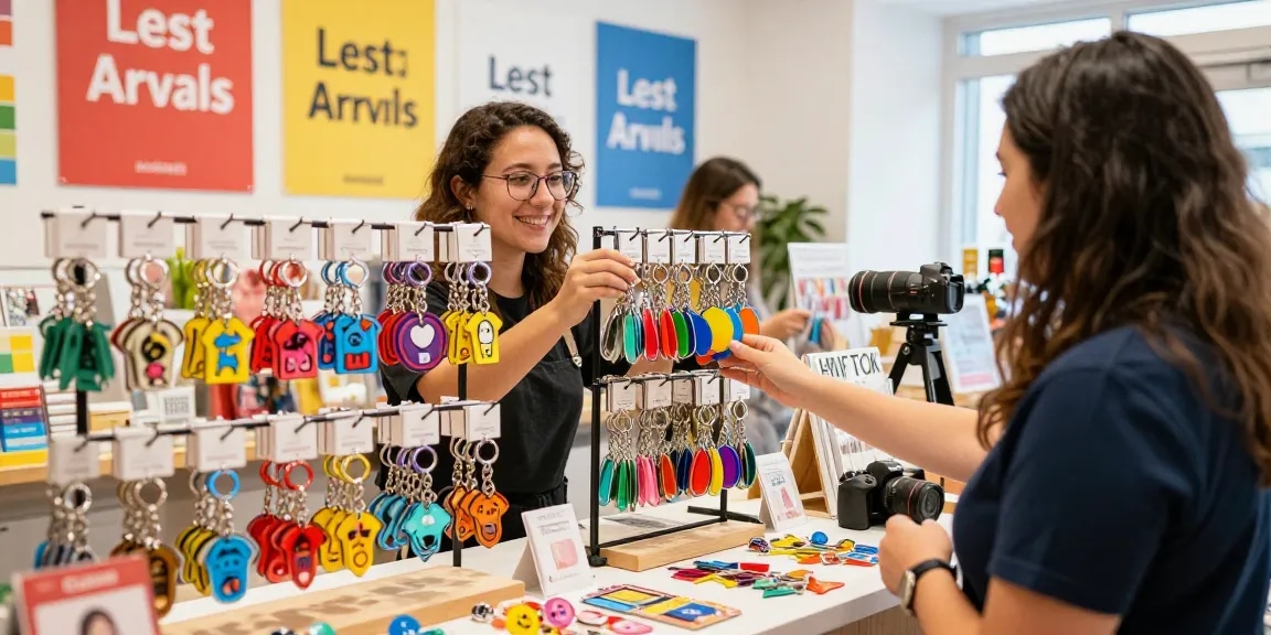 Shop with custom keychains displayed prominently, highlighting diverse designs and customer interaction.