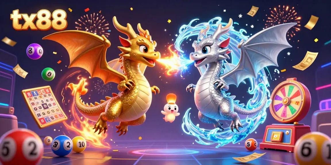 Experience tx88 with thrilling dragons amidst colorful lottery elements in a vibrant casino scene.