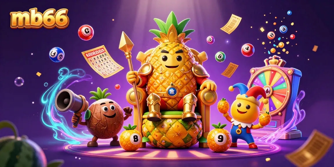 Engaging mb66 casino scene showcasing the golden pineapple king and lively game elements.