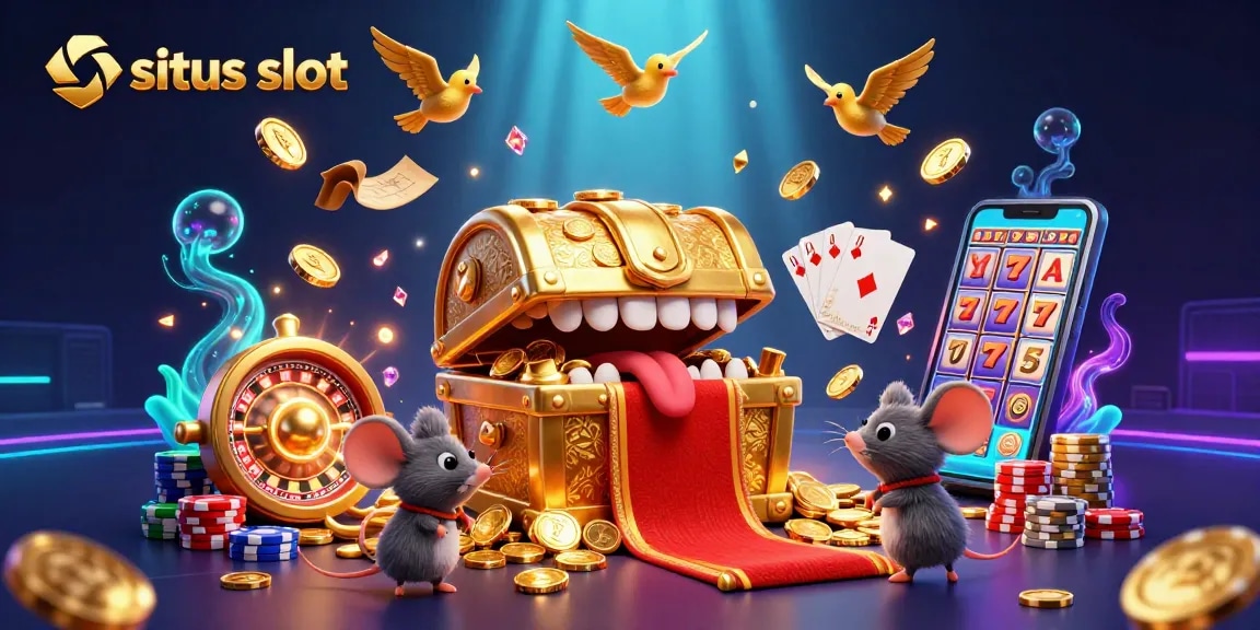 Engage with situs slot excitement as a 3D treasure chest and lucky symbols create a rich casino atmosphere.