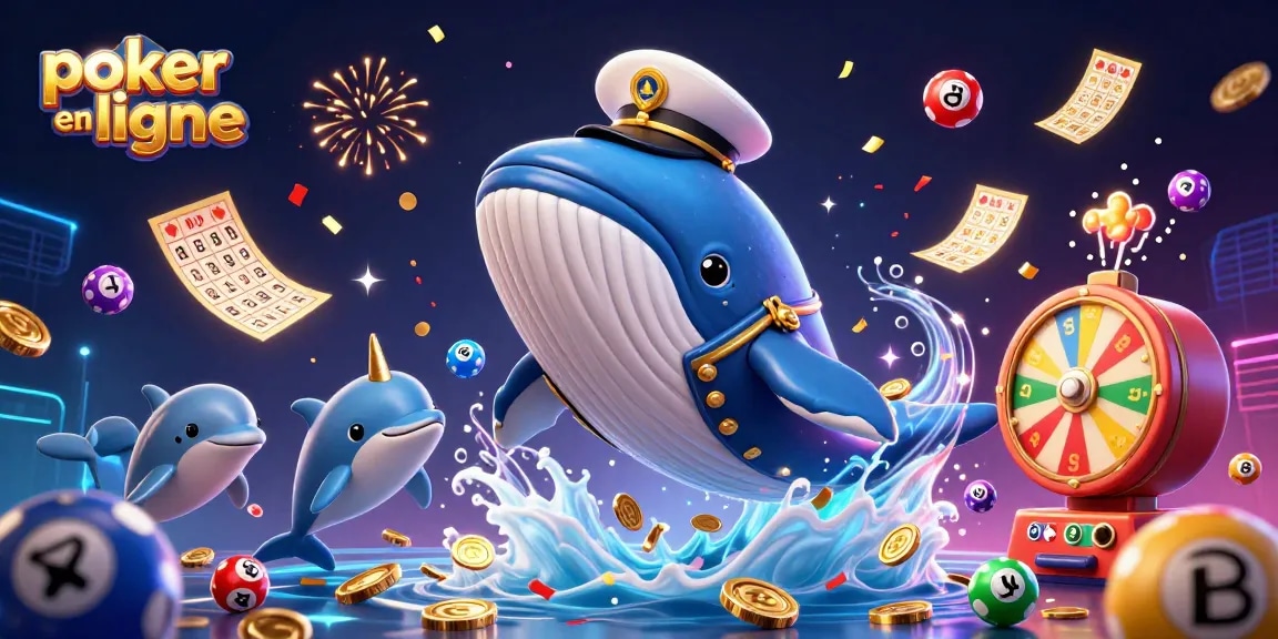 Jouez au poker en ligne avec une scène captivante d'une baleine géante, un narval doré et des dauphins, pleine d'éléments festifs.