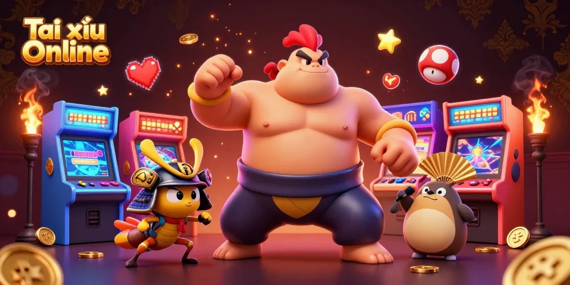Tài xỉu Online features a dynamic scene with a powerful sumo wrestler rooster and fierce cricket, showcasing colorful casino elements.