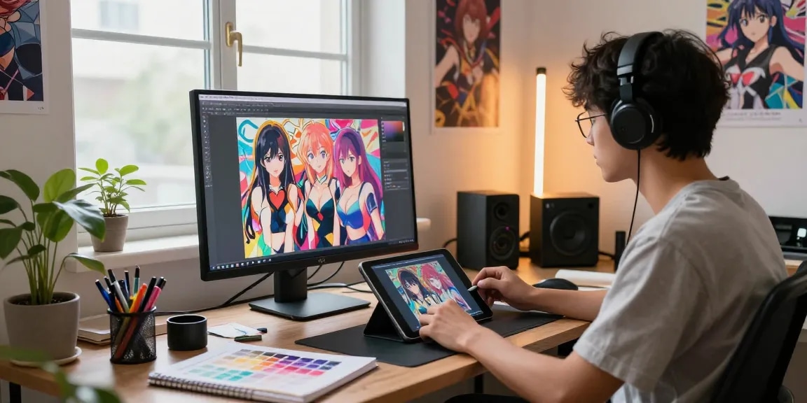 Creating AI ecchi art in a vibrant art studio filled with supplies and inspiration
