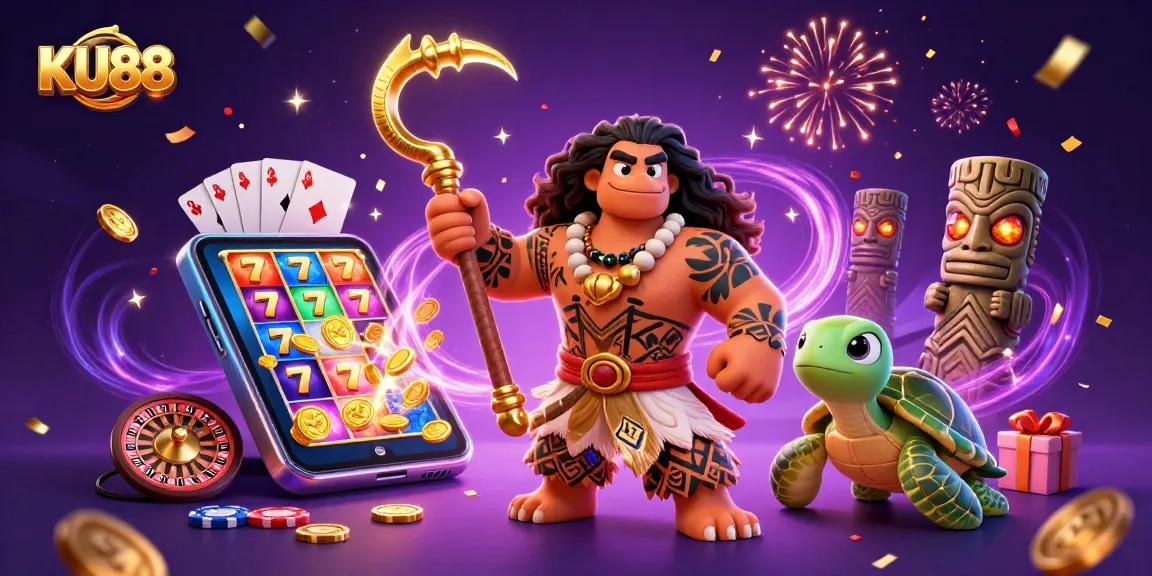 KU88 showcases a vibrant 3D casino world with dynamic characters and slot game elements highlighting thrilling gaming moments.