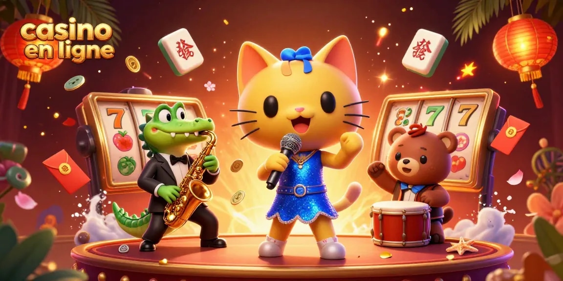 Casino en ligne : scène dynamique avec un chat chanteur et des animaux de jazz sur fond de jeux de casino.