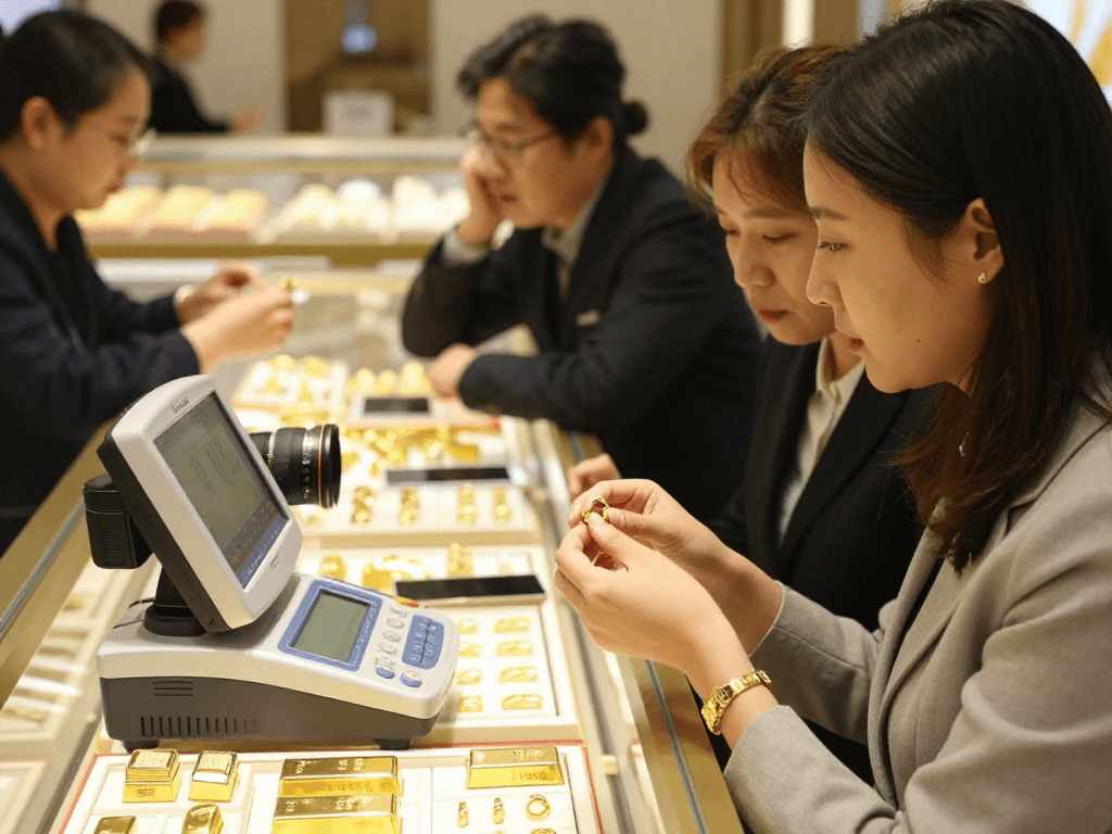 Gold buying process at https://bahraingoldprices.com/ with expert guidance and elegant jewelry display.