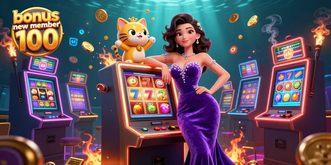 Spin the slot machine jackpot with bonus new member 100 in an engaging 3D casino scene.