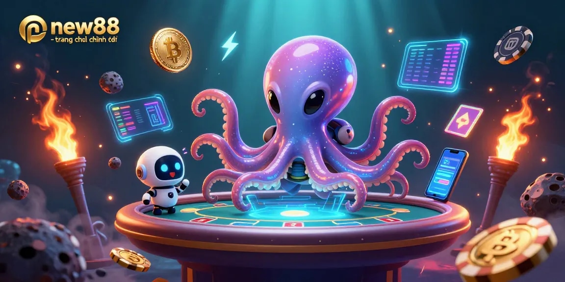 Engage with new88 - trang chủ chính thức in a vibrant 3D casino scene featuring an alien octopus and cryptocurrency elements.
