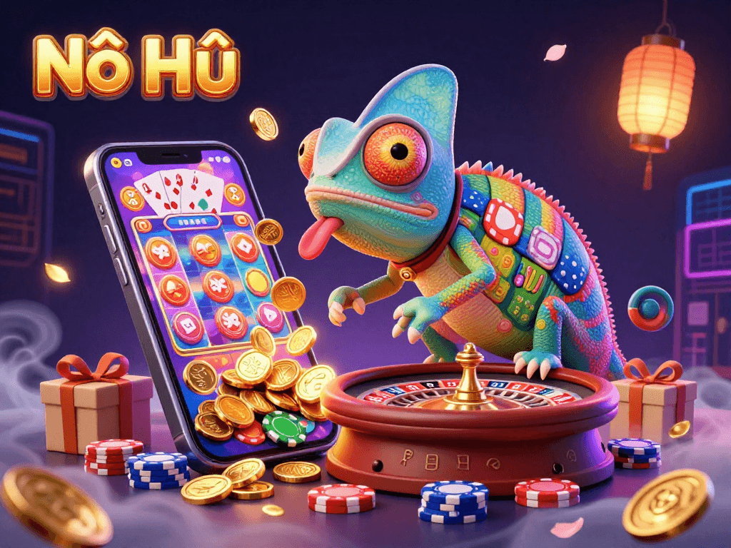 Nổ Hũ Casino: Capture the excitement of vibrant slots with a chameleon casino owner and thrilling game elements.
