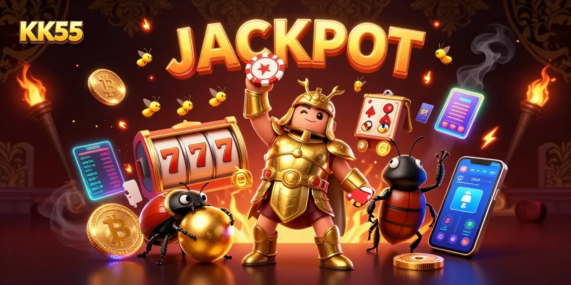 Unveil winning moments with KK55's jackpot gaming scene featuring vibrant characters and casino elements.