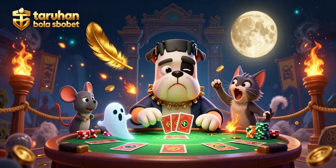 Engage in taruhan bola sbobet excitement at a vibrant casino scene with whimsical characters and effects.