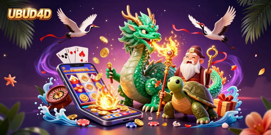 Engage with UBUD4D through thrilling slot games depicted in a vibrant, dynamic casino scene with dragons and symbols.