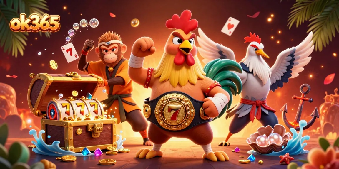 Experience thrilling gaming dynamics with ok365's vibrant 3D casino illustration featuring unique characters.