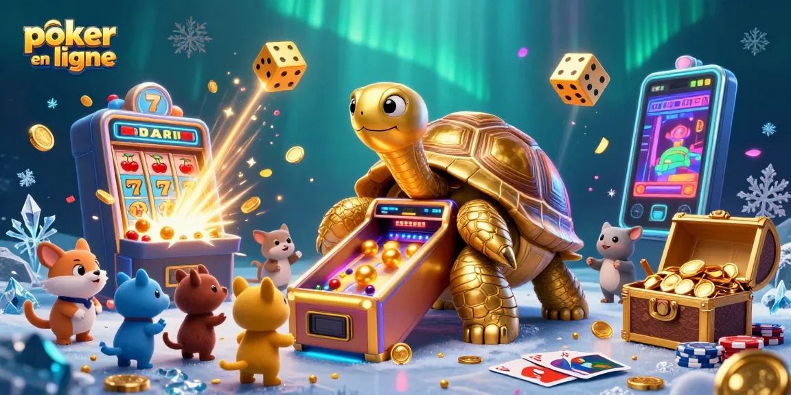 Gagnez en poker en ligne avec une scène cartoon dynamique montrant une tortue géante en machine à pinball, des jeux de cartes et des jetons autour.