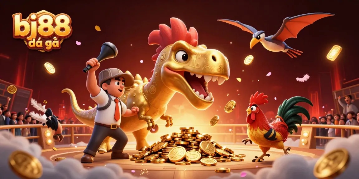 BJ88 đá gà showcases a dinosaur in a cockfighting arena, winning coins and thrilling action.