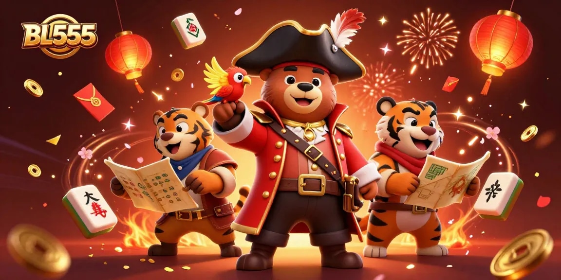 Experience the excitement of BL555 with a vibrant 3D illustration featuring a pirate bear in a casino setting.