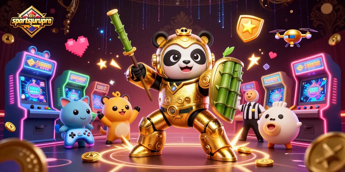 Engage with sportsgurupro's vibrant gaming world featuring a mech-suit panda in a lively arena.