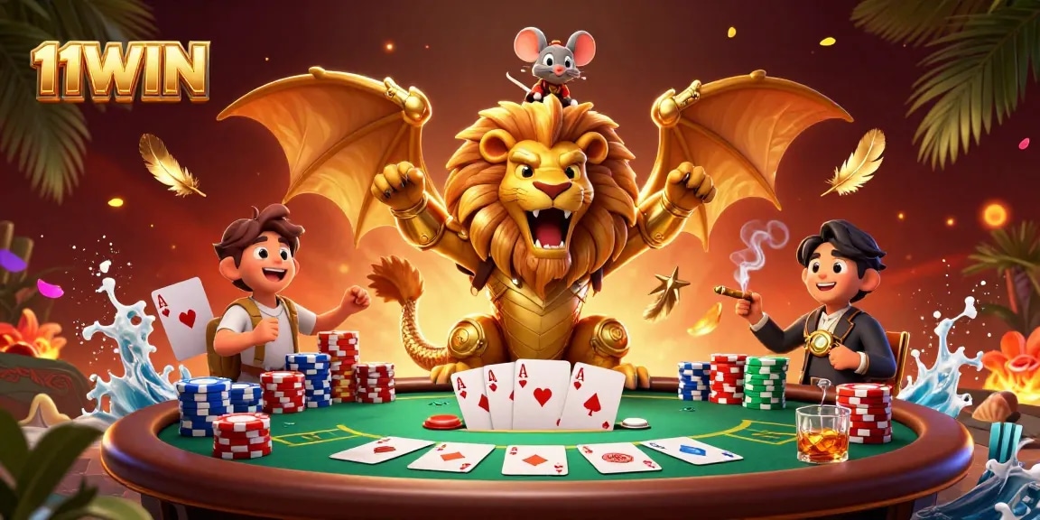 Experience the excitement of 11WIN with a colorful casino scene of a chimera and poker elements.