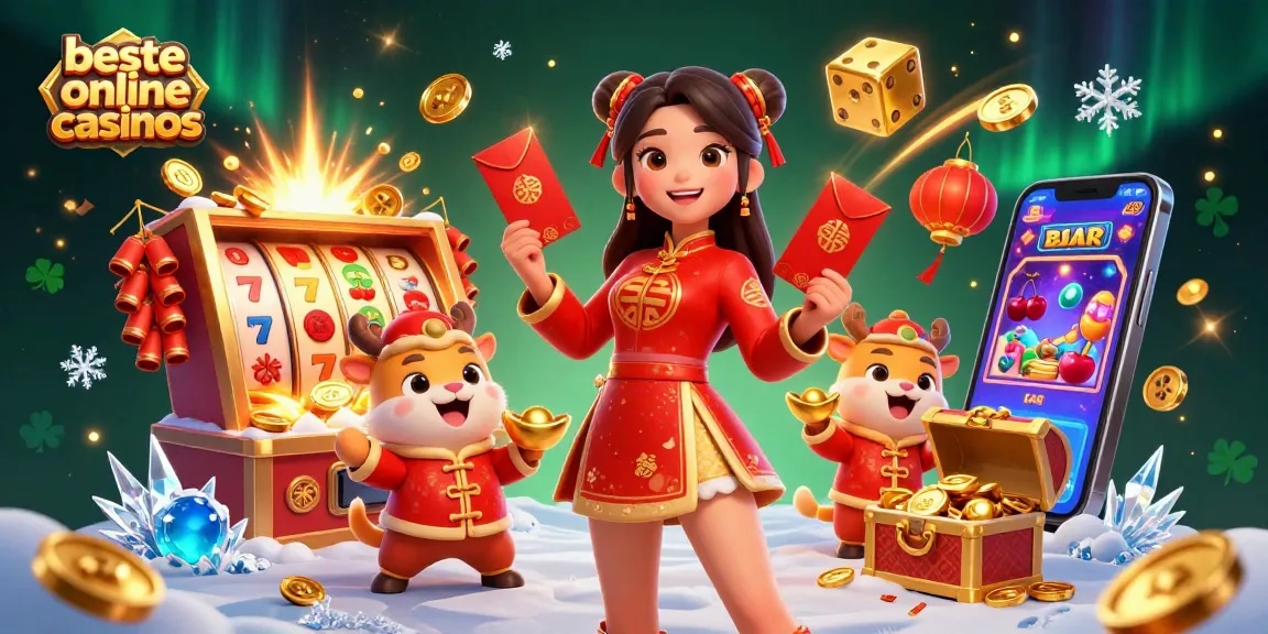 Play at the beste online casinos with vibrant 3D representation of festive casino elements and characters