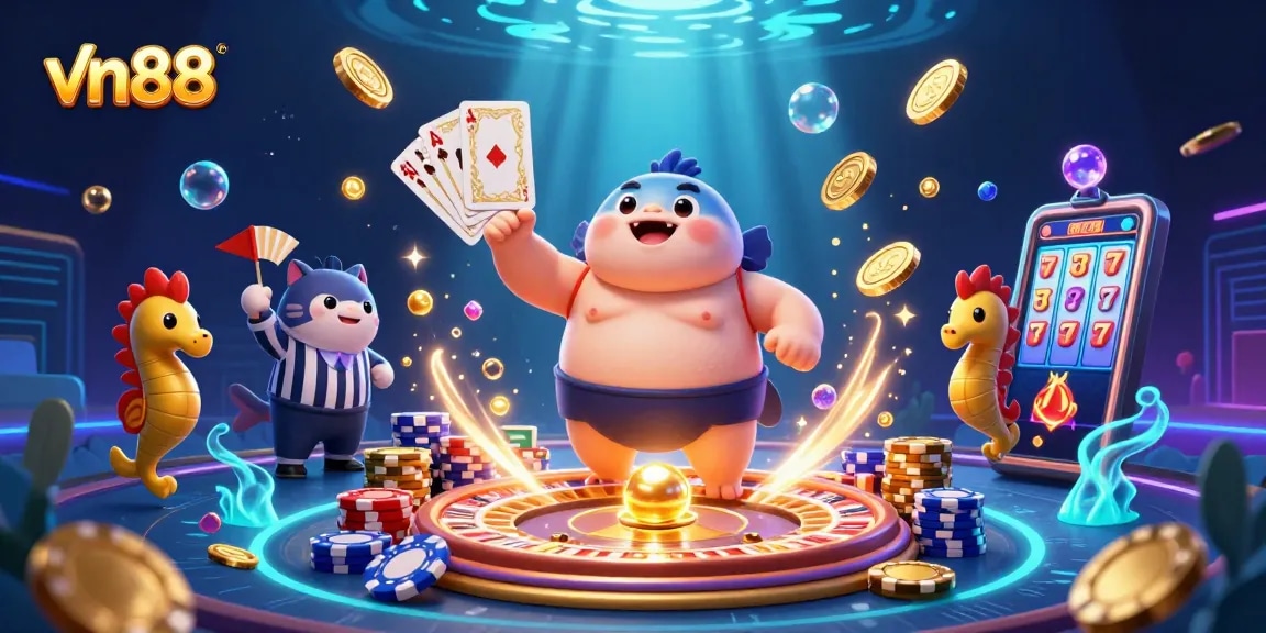 Engage with vn88's vibrant underwater casino scene featuring playful characters and exciting game elements.