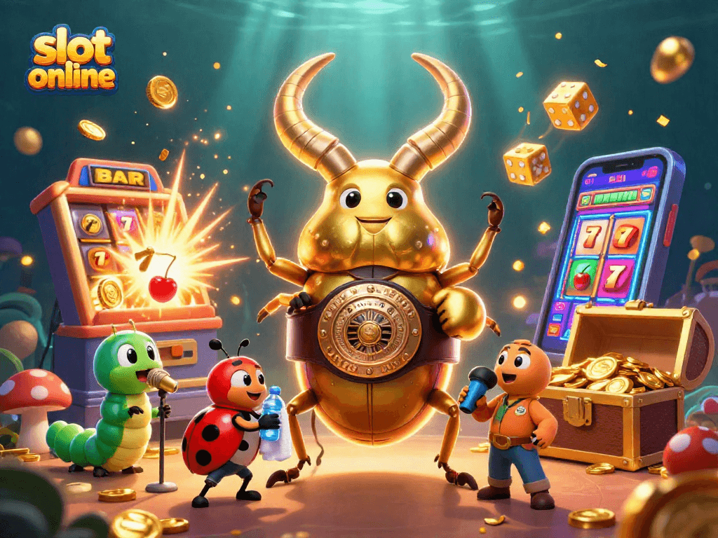 Engage with the dynamic slot online action as a golden stag beetle champions amid vibrant casino elements.