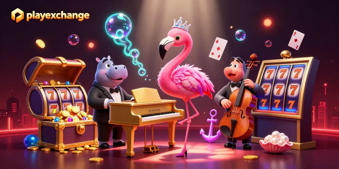 Playexchange's vibrant casino scene featuring a flamingo singer and hippo bassist amid slot machines and treasures.