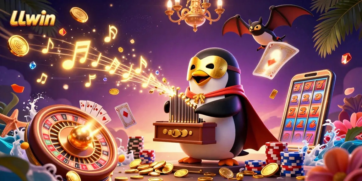 LLwin highlights winning moments with a penguin organist amidst golden coins and casino games.