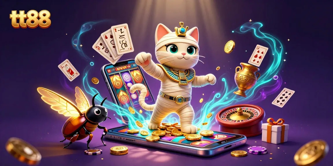 Experience exciting gaming at tt88 with a vibrant illustration of a cartoon mummy cat and casino elements.