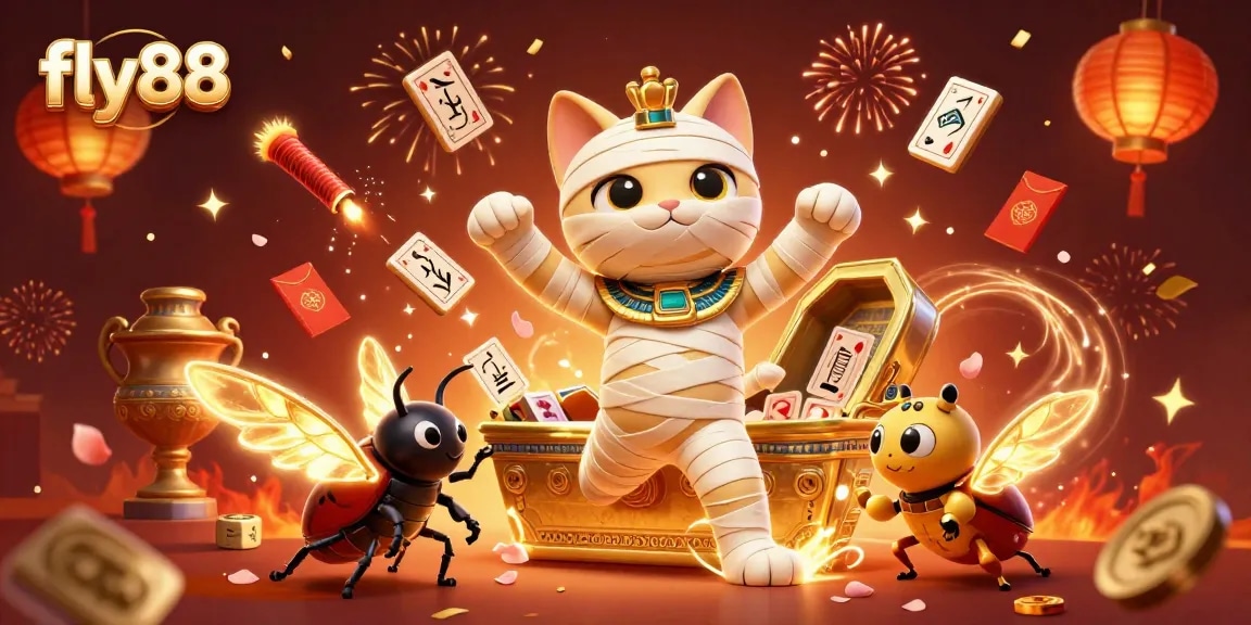 Experience the thrills of fly88 as the mummy cat and scarab beetle bring casino magic alive!