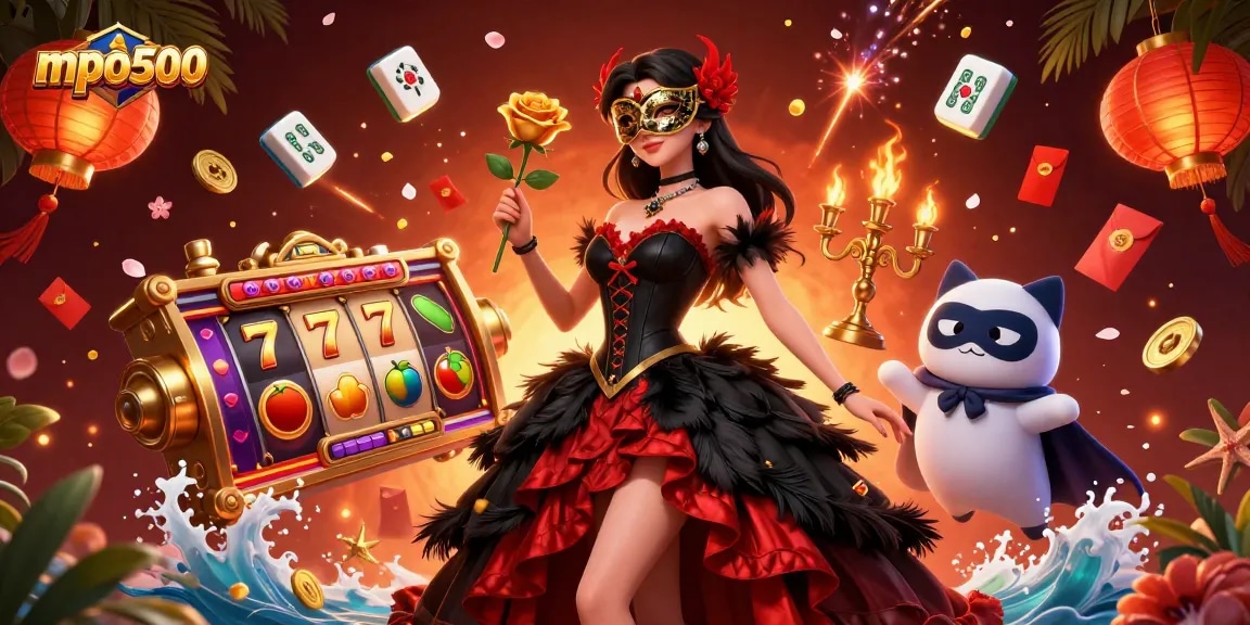 Experience the excitement of mpo500 with vibrant slot reels and illuminated characters in a thrilling casino scene.