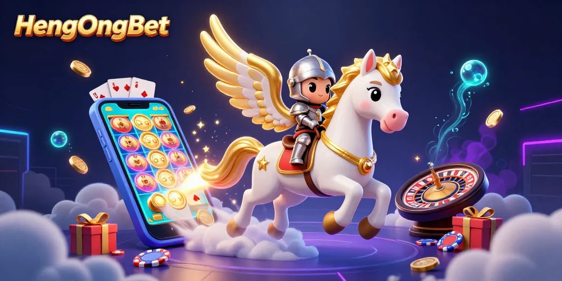 Welcoming players to play and win on HengOngBet with vibrant casino elements and animated characters.