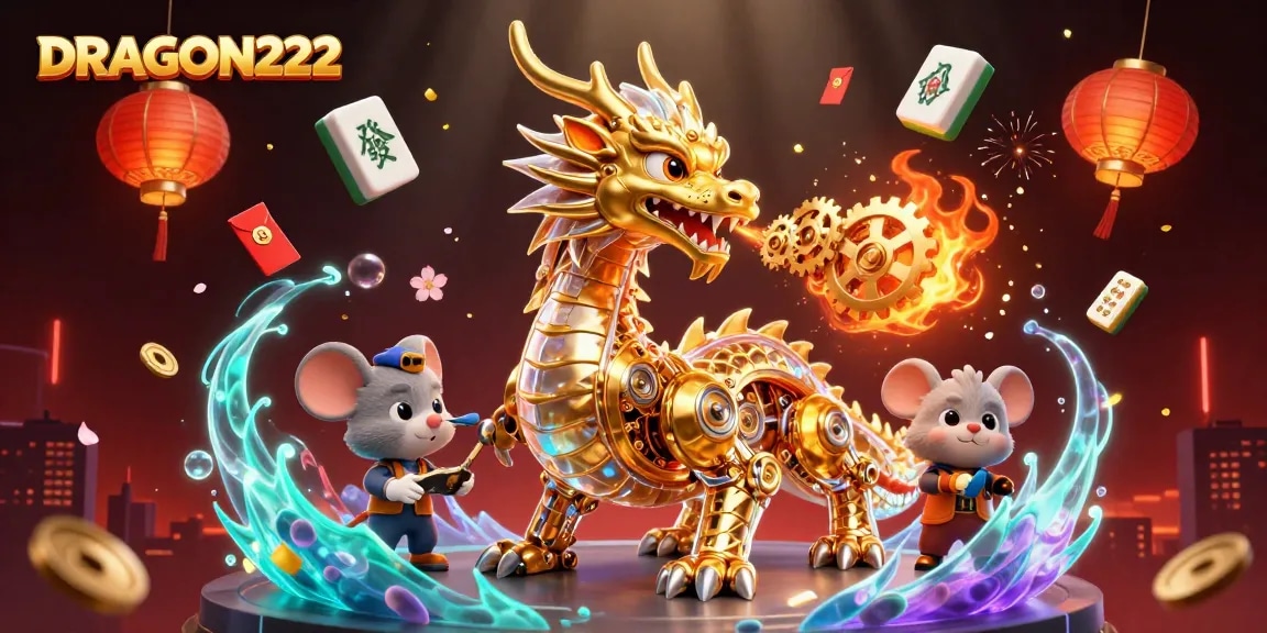 Play exciting games at DRAGON222 with vibrant 3D illustration showcasing a golden dragon and engaging casino elements.