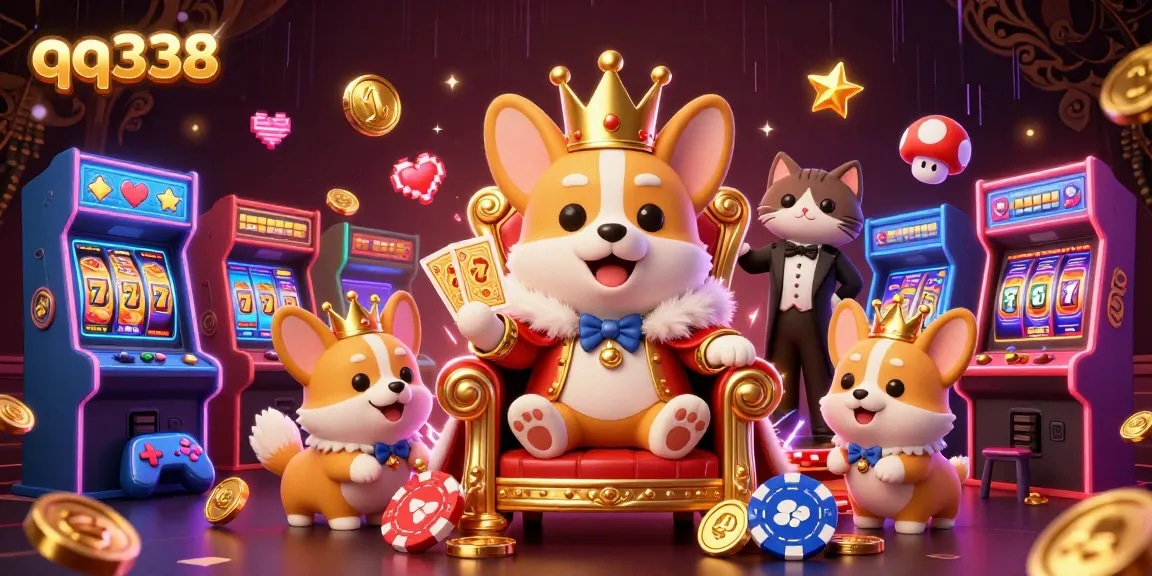 Experience thrilling gameplay at qq338 with royal symbols and vibrant casino elements in a lively 3D scene.