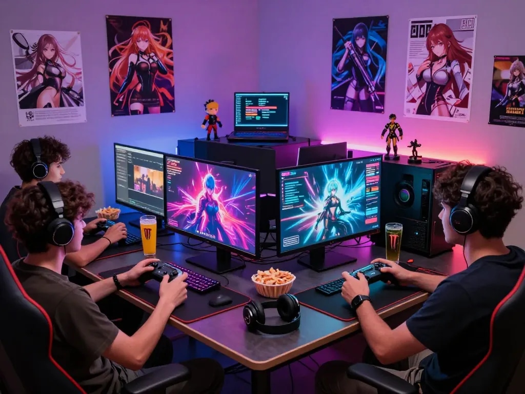 Friends enjoying HTML porn games on gaming setup, vibrant visuals, and dynamic atmosphere.