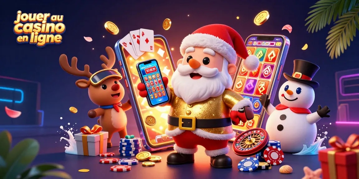 jouer au casino en ligne avec un Père Noël, un renne et un bonhomme de neige entourés de jeux et de pièces d'or