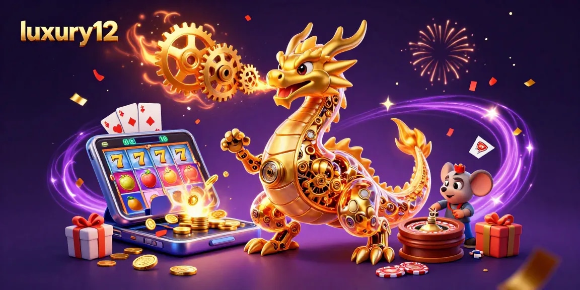 Win big with luxury12 in this vibrant casino scene featuring slots and a gold dragon!
