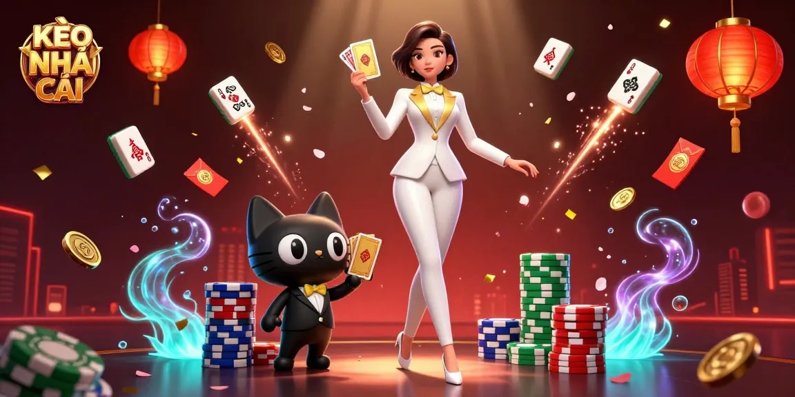 Engage with KÈO NHÀ CÁI as glamorous characters shuffle cards amidst vibrant casino elements.