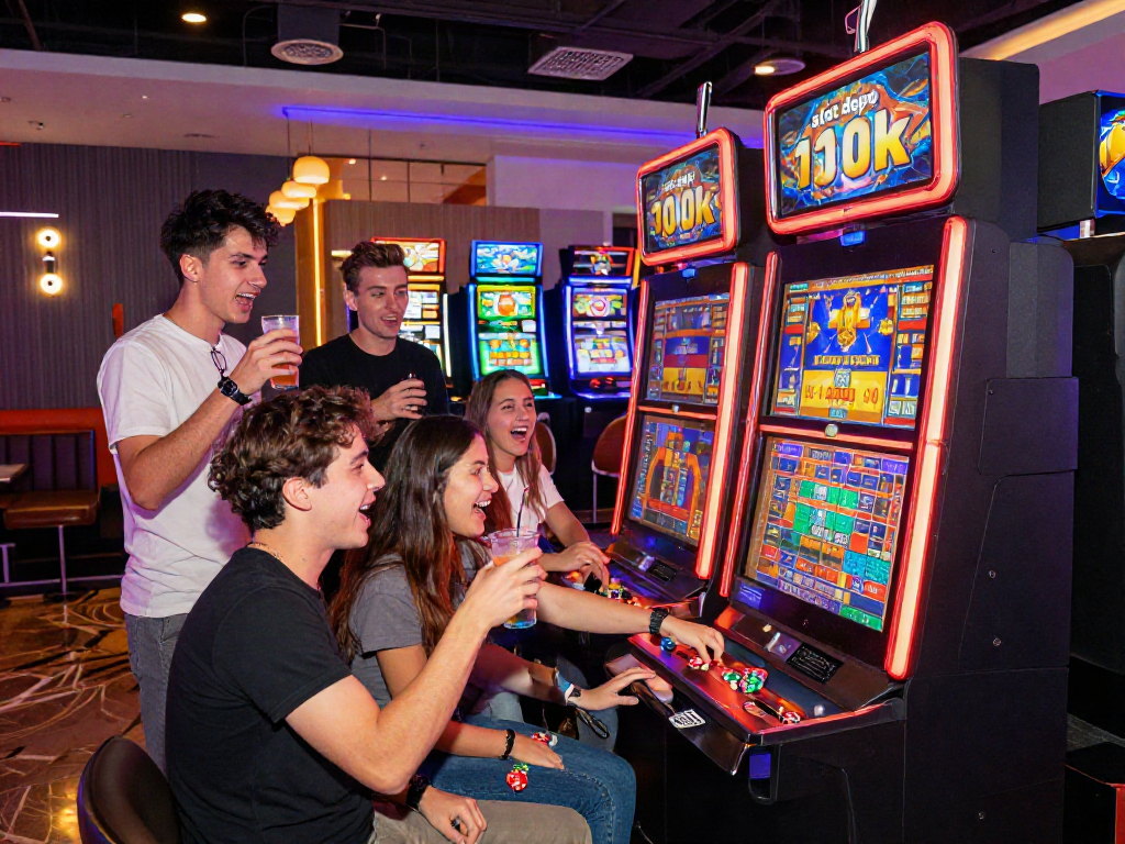 Excited players at a slot depo 10k gaming machine in a vibrant casino atmosphere.