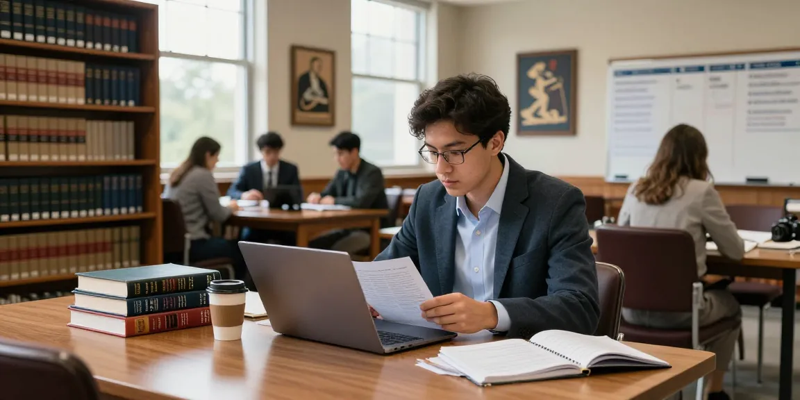 Law student Bradley Robinson Alabama studying in a library, surrounded by textbooks, creating a focused atmosphere.